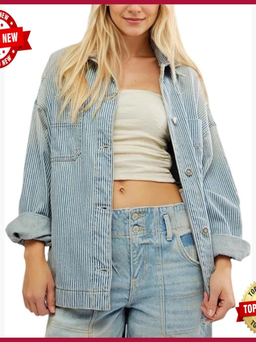 Striped Denim Jacket Long Sleeve Button Front Casual Boyfriend Fit